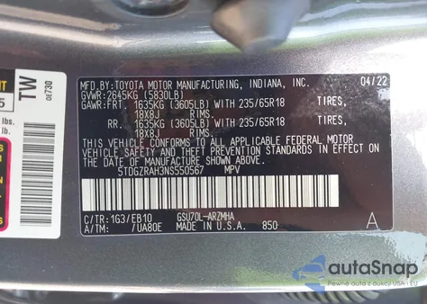 2022 Toyota Highlander Xle from USA, damaged, VIN 5TDGZRAH3NS550567
